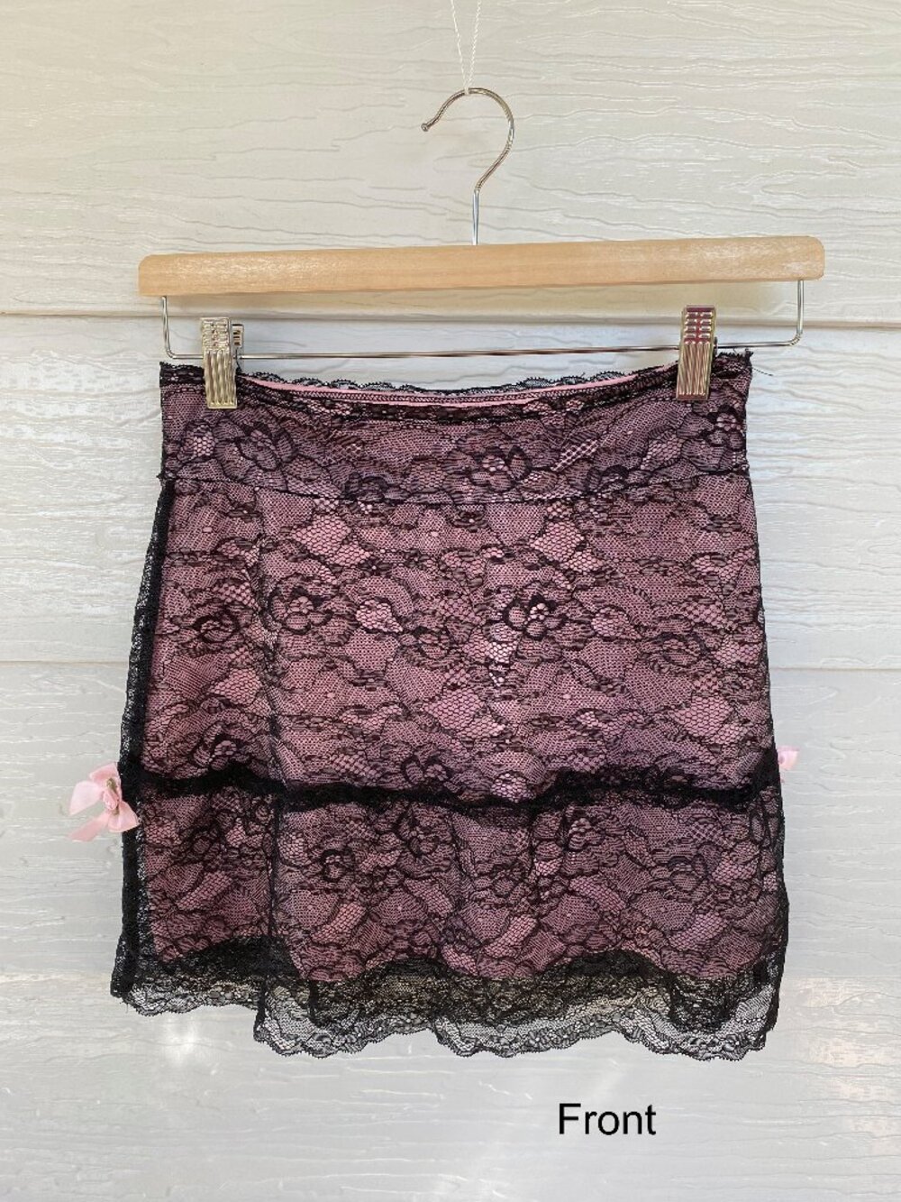 Pink skirt with black lace overlay, size S